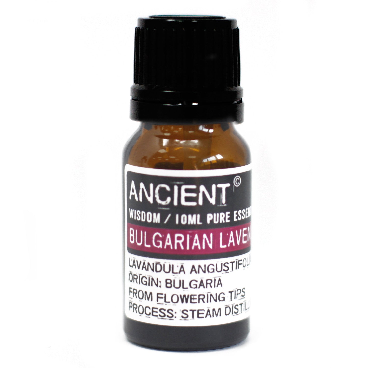 Amber glass essential oil bottle with a black dropper cap and a label reading 'Ancient' and 'Bulgarian Lavender' (Ancient Wisdom).