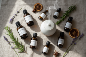 Flat‑lay of essential oils, carrier oil and diffuser — hero image for Beginner’s Guide to Essential Oils