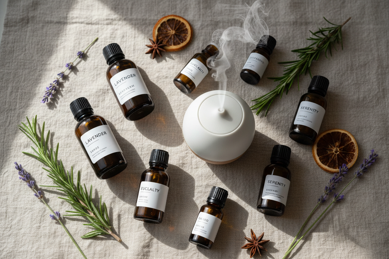 Flat‑lay of essential oils, carrier oil and diffuser — hero image for Beginner’s Guide to Essential Oils