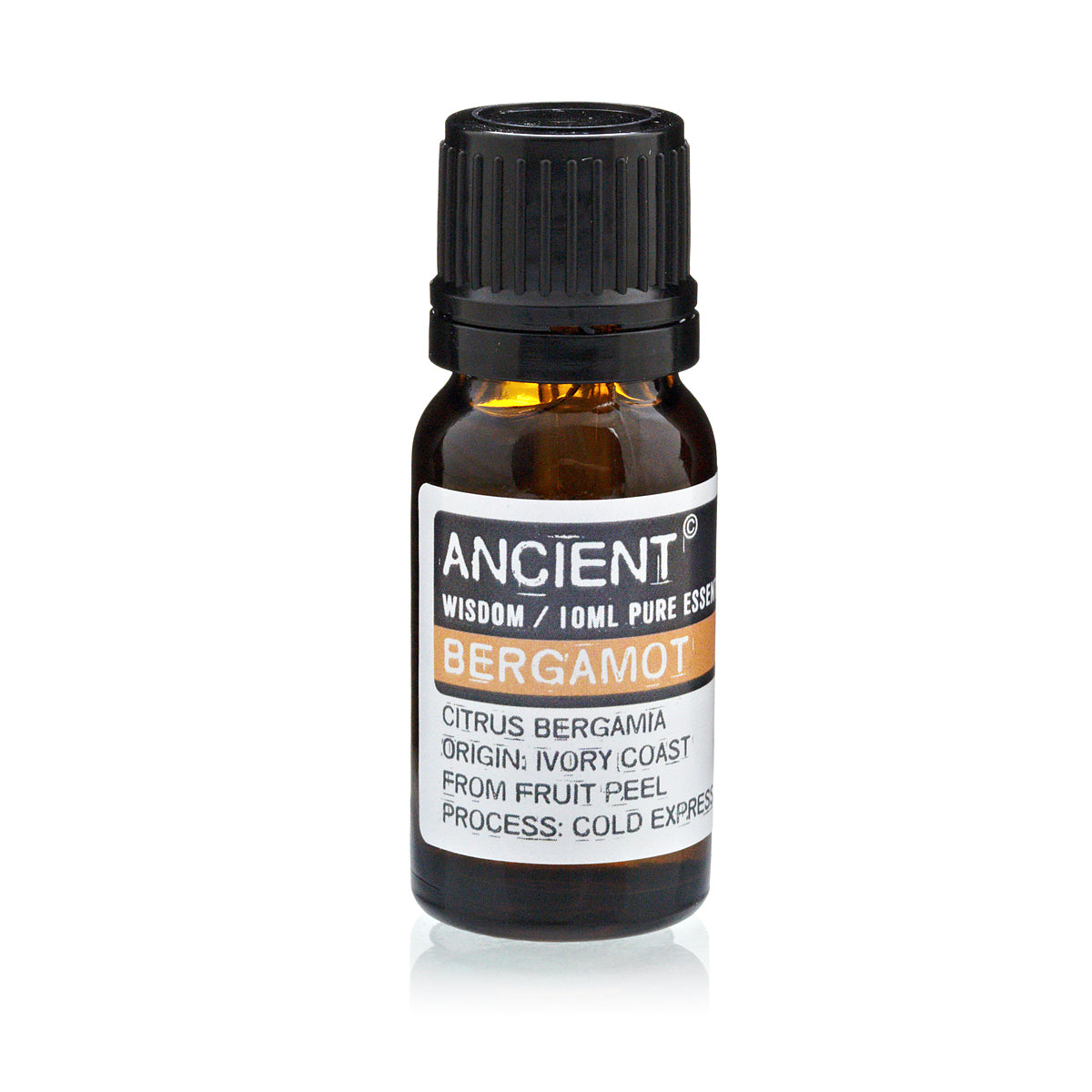 Amber glass essential oil bottle with black cap labeled 'Ancient Wisdom Bergamot' (10 ml)