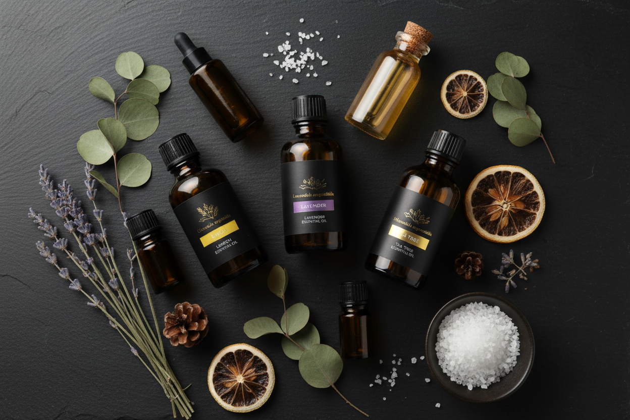 Set of amber essential oil bottles with labels arranged on a dark slate, plus dried lavender, eucalyptus, lemon slices, pine cone, and a bowl of salt.