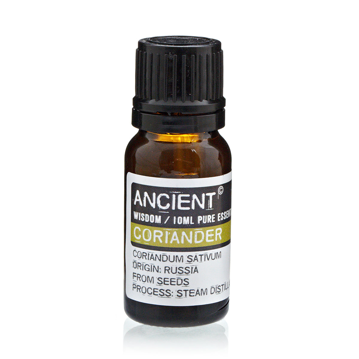 Amber glass essential oil bottle labeled Ancient Coriander with black dropper cap, 10 ml, on white background.
