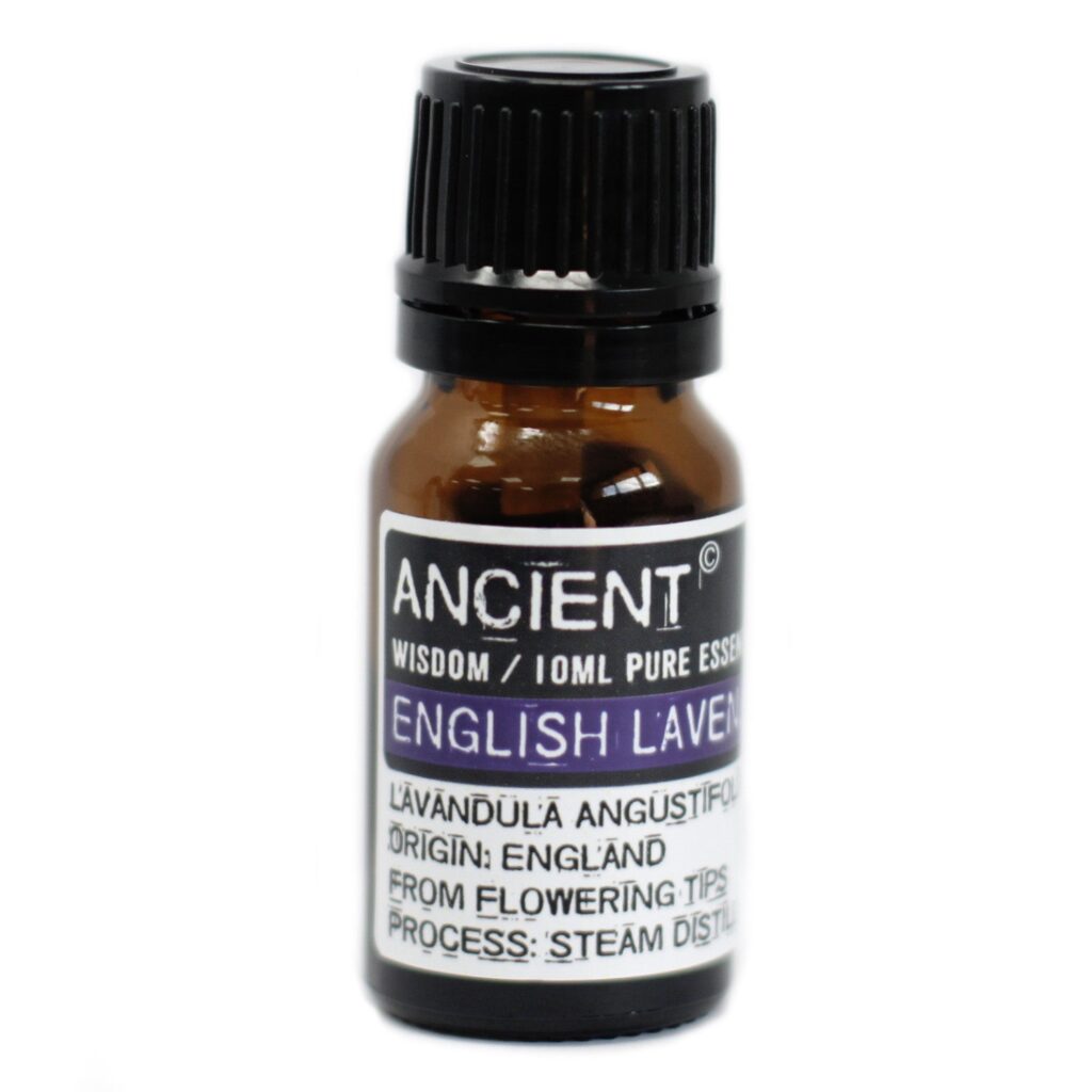 Amber essential oil bottle with black cap; label reads 'Ancient Wisdom / English Lavender' (lavender essential oil)