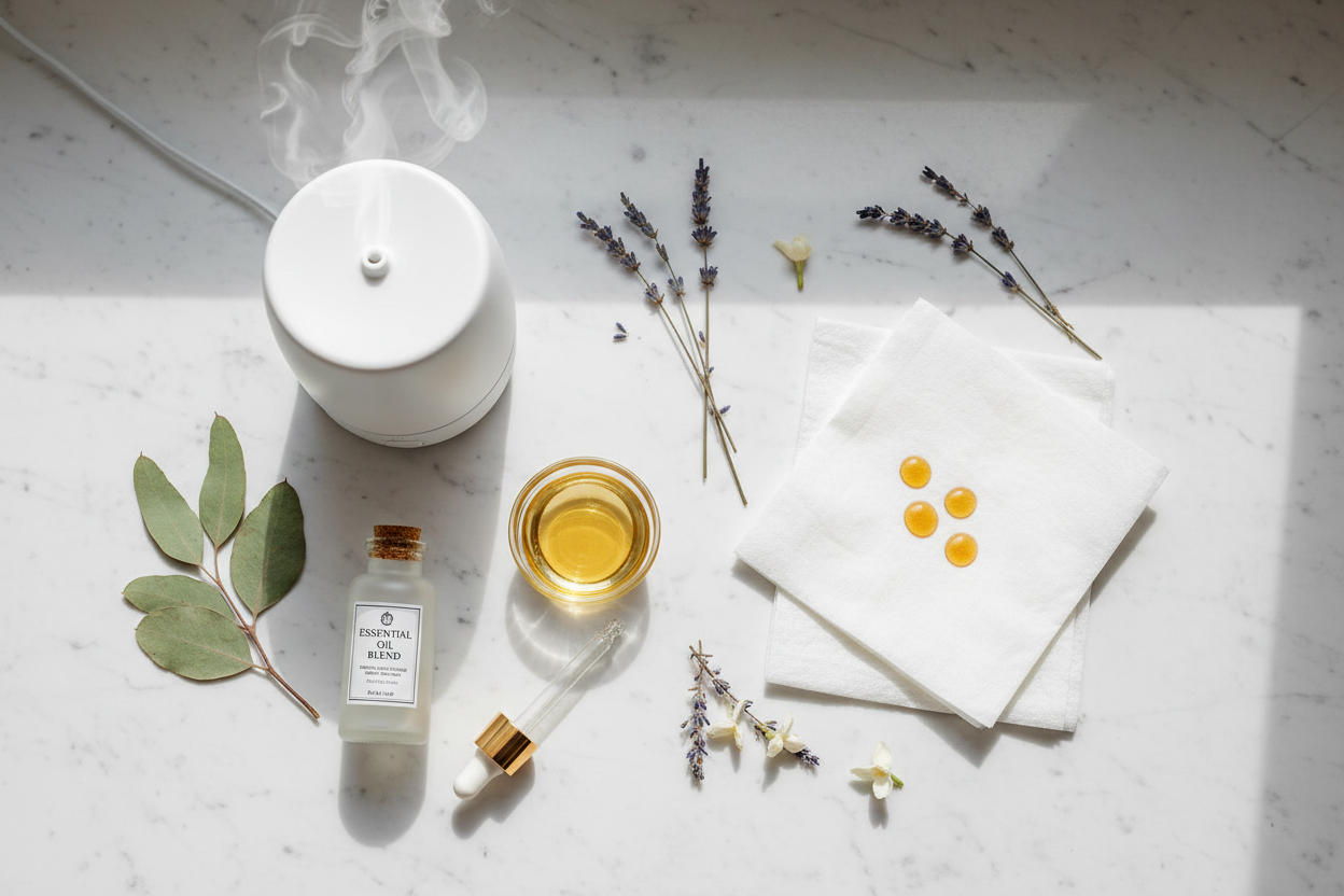 Essential oil bottles with diffuser and roller — hero image for Essential Oils 101: Diffusing vs Topical vs Inhalation