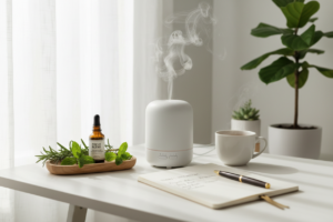White aroma diffuser emitting steam on a clean desk with a small herb tray, notebook, pen, and cup nearby.