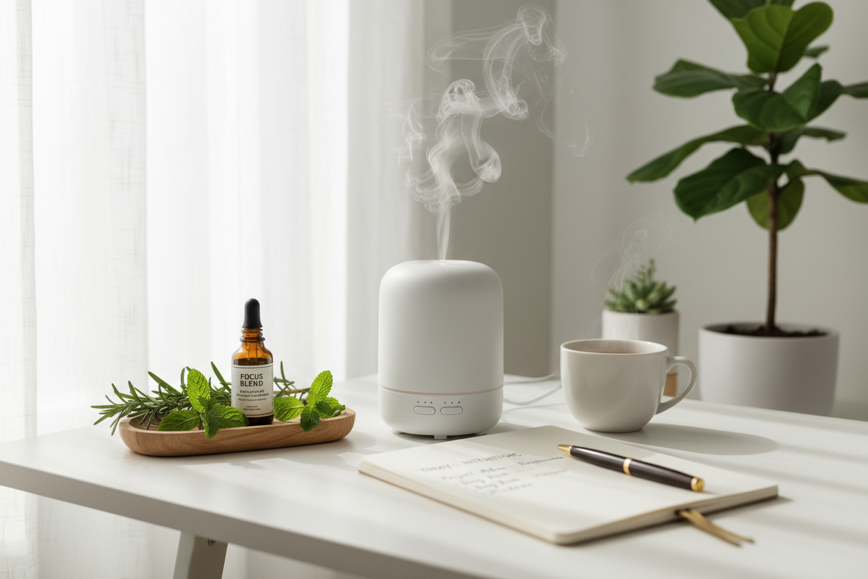 White aroma diffuser emitting steam on a clean desk with a small herb tray, notebook, pen, and cup nearby.