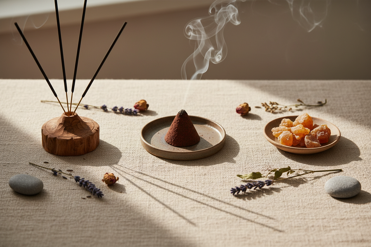 Incense sticks, cones, and resin on charcoal — hero image for Types of Incense Explained