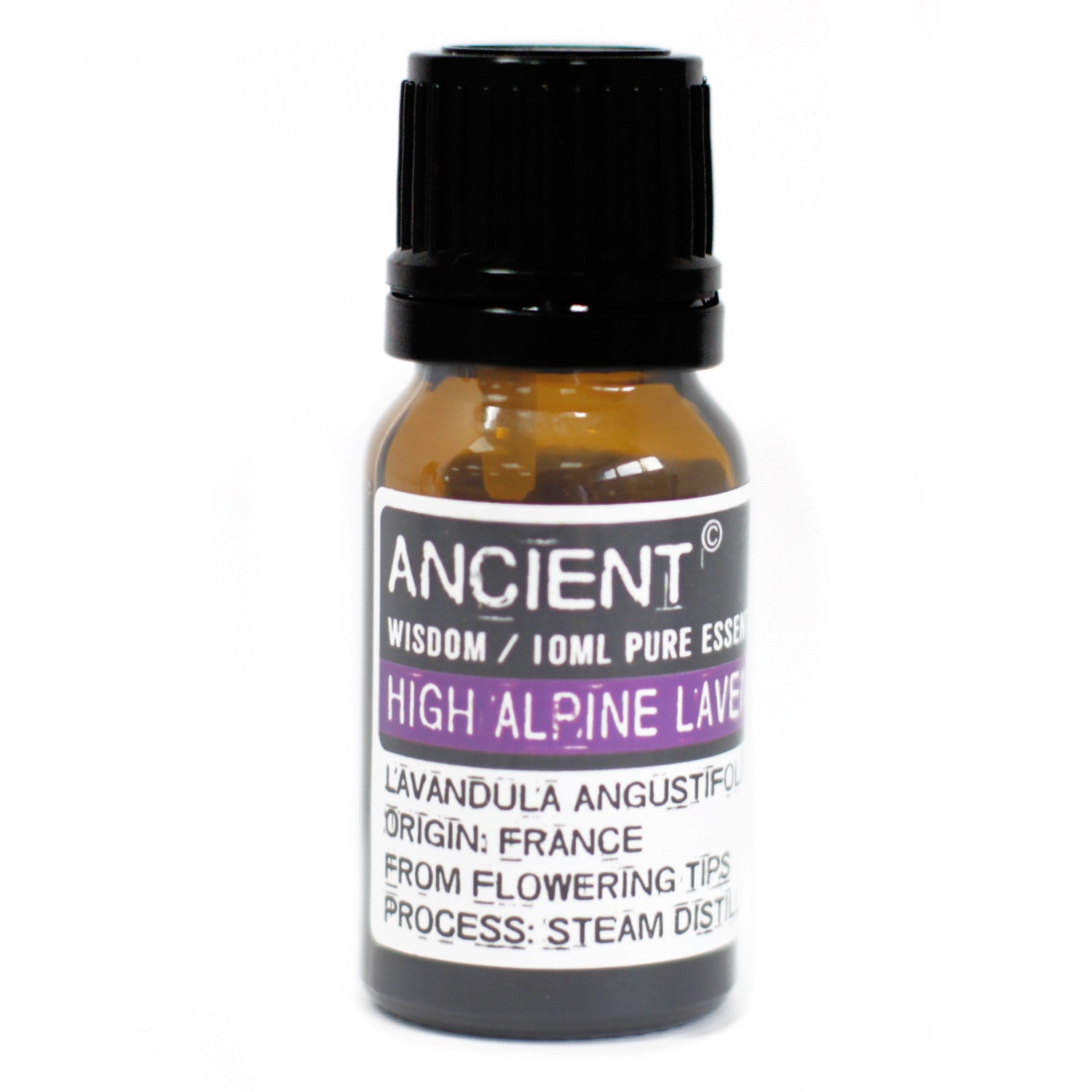 Brown glass essential oil bottle with a black cap, label reading 'Ancient Wisdom High Alpine Lavender' (lavender oil).