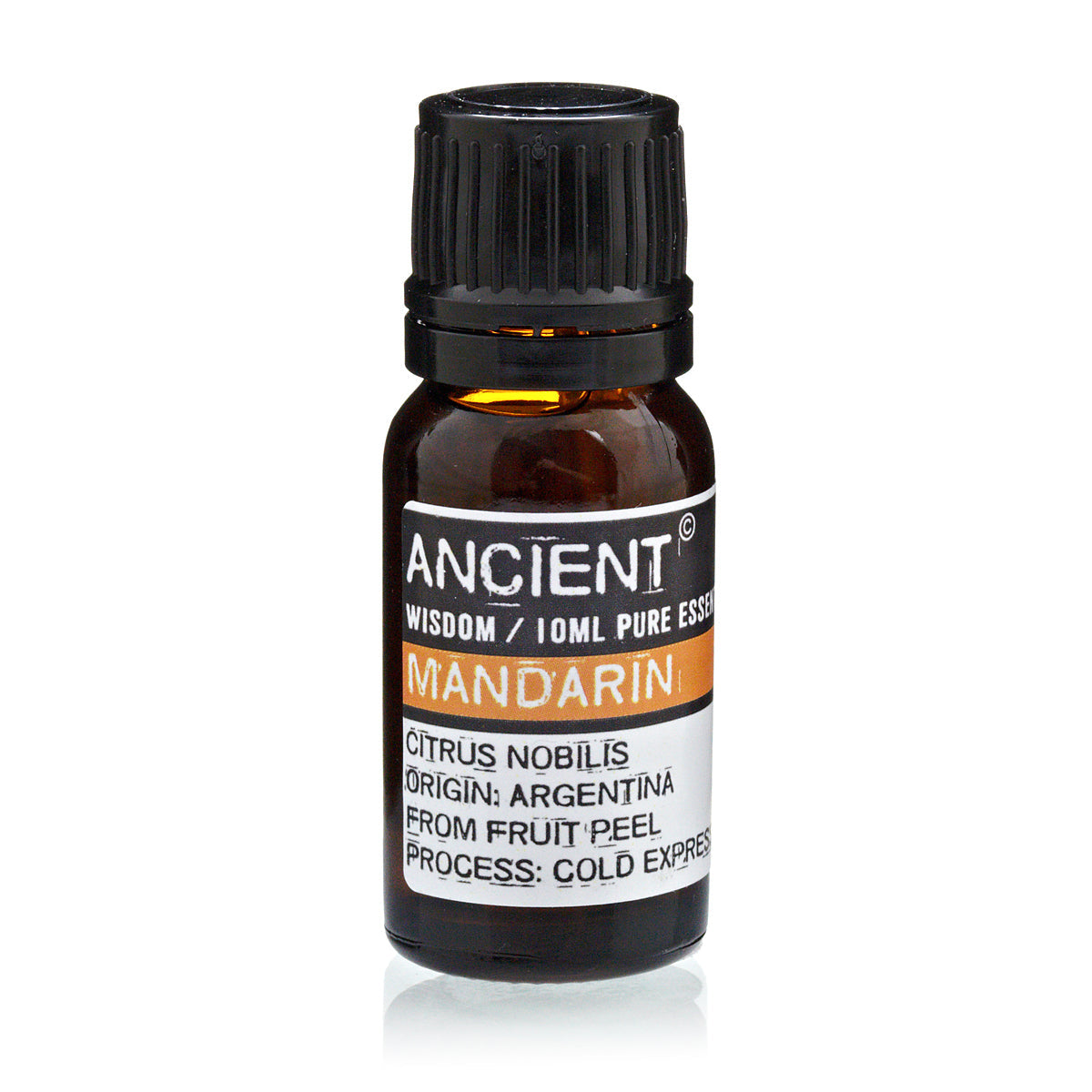 Amber essential oil bottle labeled Ancient Wisdom Mandarin with orange band and dropper cap, on white background