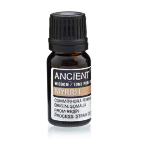 Amber glass bottle with a black cap labeled ‘Ancient Wisdom / Myrrh’ essential oil from resin distillation from Somalia (steam distillation)