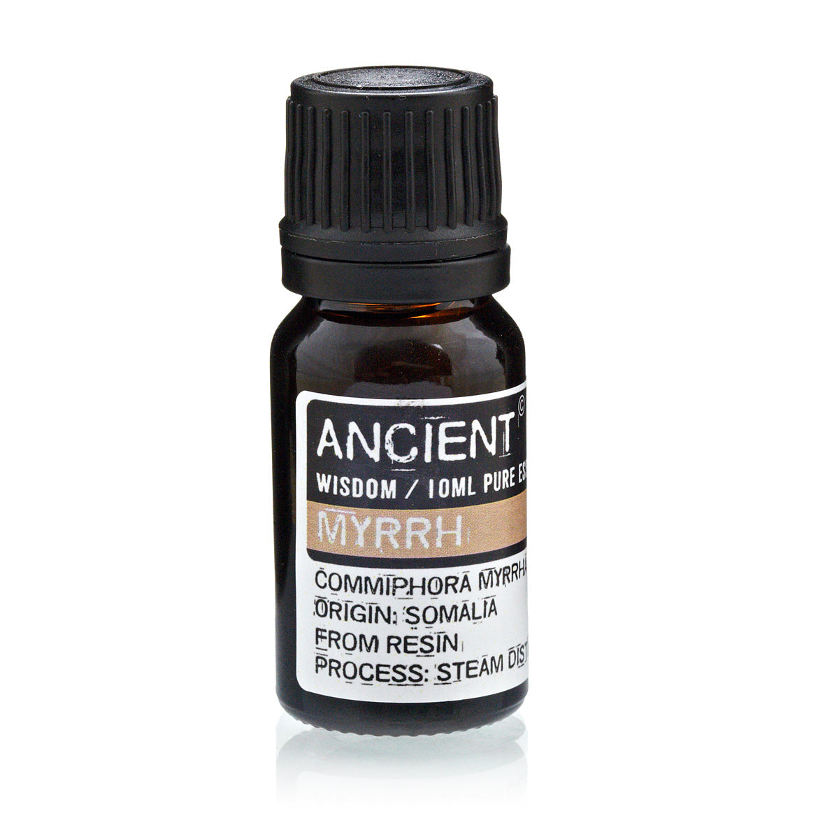 Amber glass bottle with a black cap labeled ‘Ancient Wisdom / Myrrh’ essential oil from resin distillation from Somalia (steam distillation)