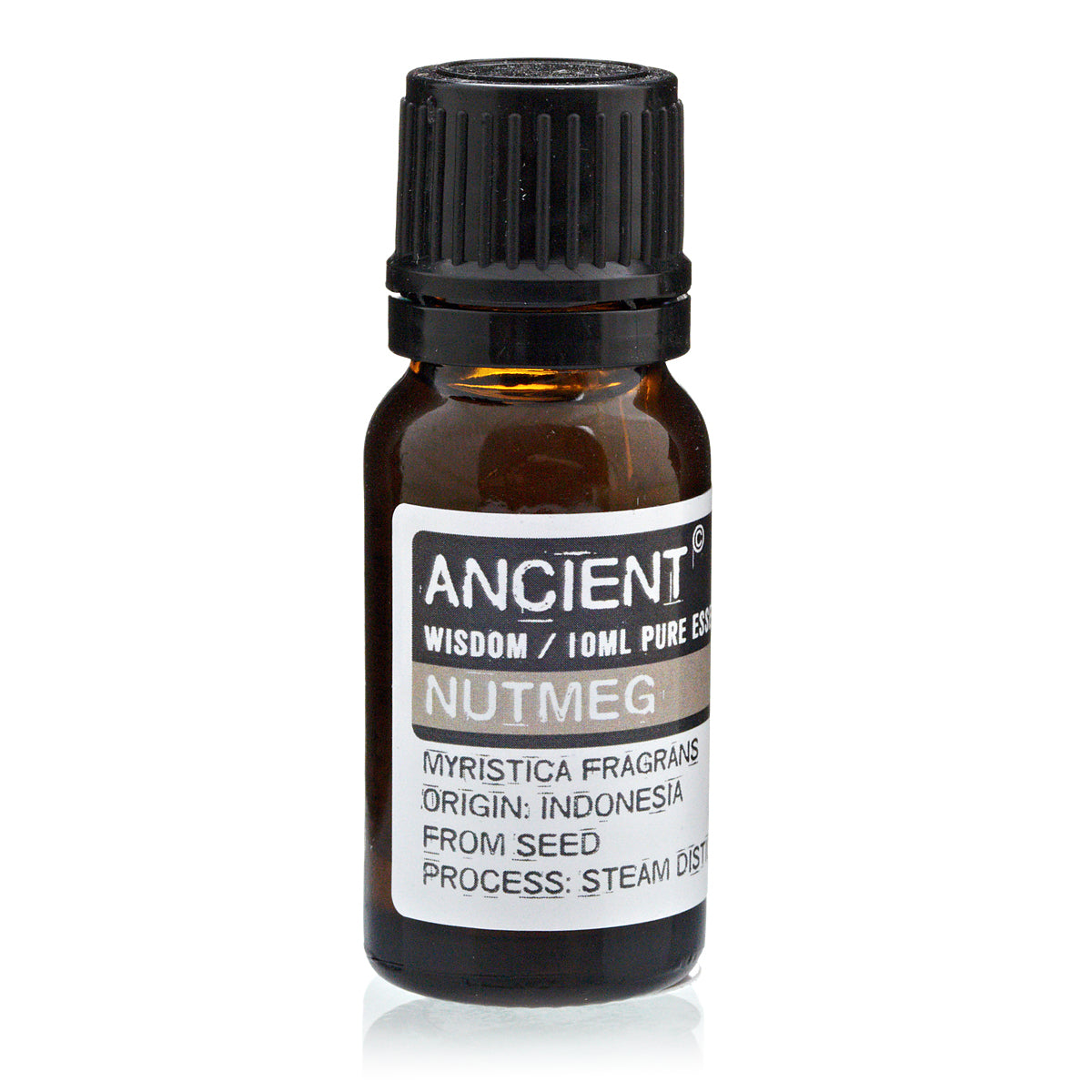 Amber glass essential oil bottle with black cap labeled 'Ancient Wisdom Nutmeg' and origin details on the label, used for fragrance or aromatherapy