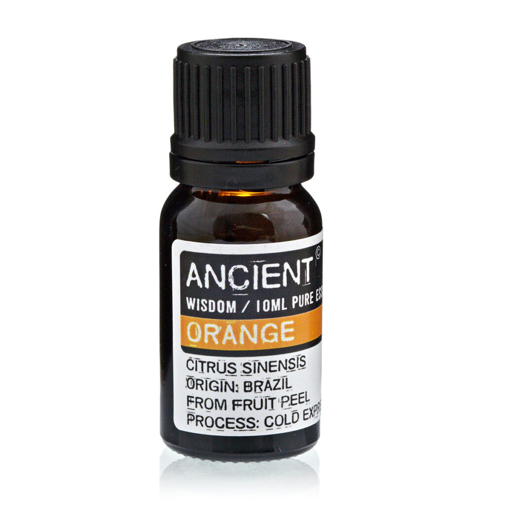 Brown glass bottle of Ancient Wisdom orange essential oil with a black ribbed cap; label shows ORANGE and Citrus sinensis.