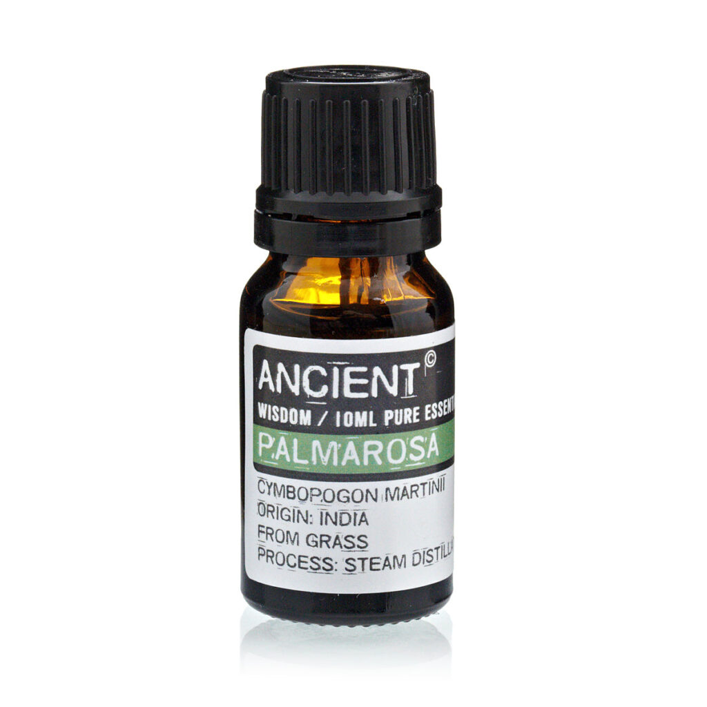 Palm Ros a essential oil bottle (Palmarosa), 10 ml, labeled Ancient Wisdom with green Palmarosa band and black cap (informational product image).