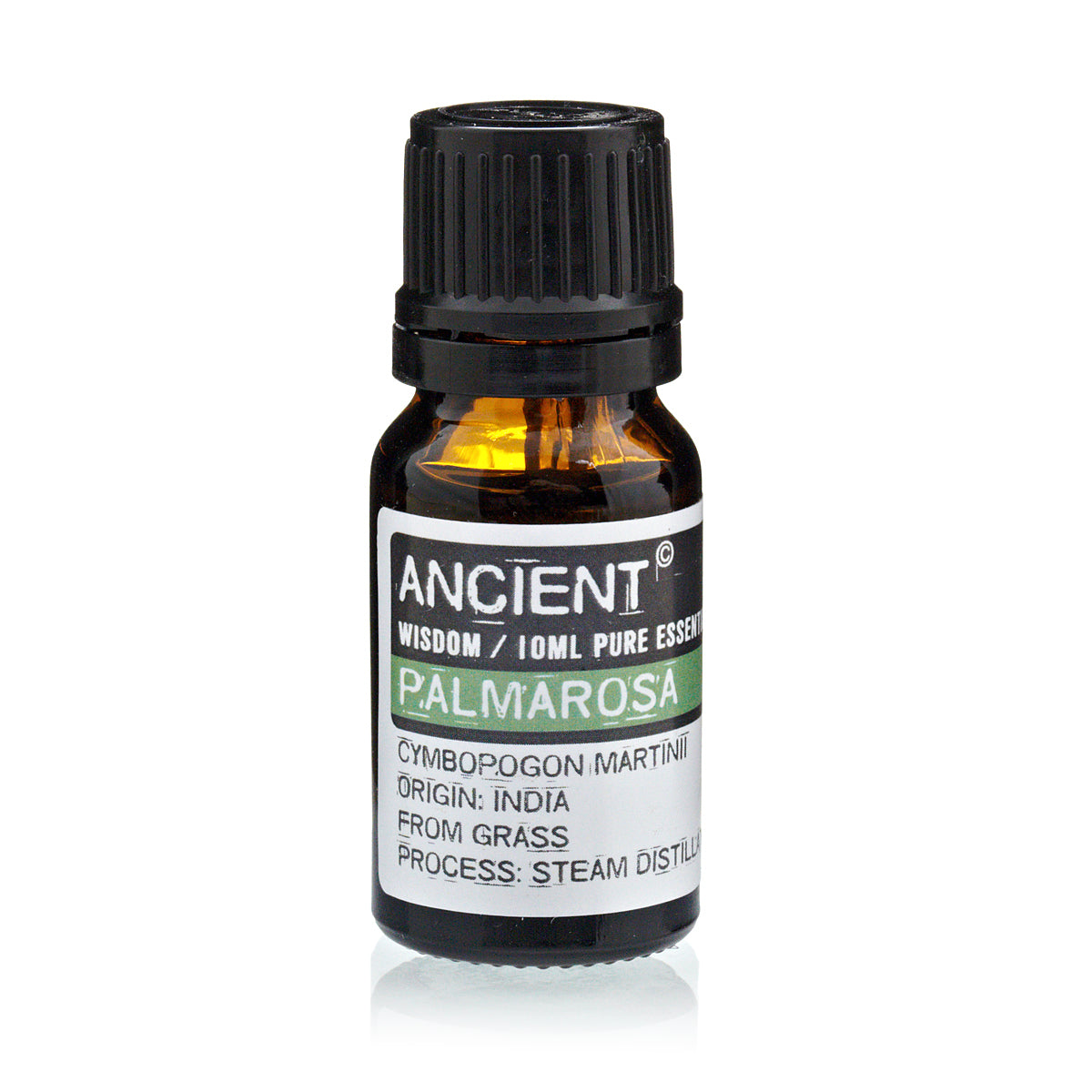 Palm Ros a essential oil bottle (Palmarosa), 10 ml, labeled Ancient Wisdom with green Palmarosa band and black cap (informational product image).
