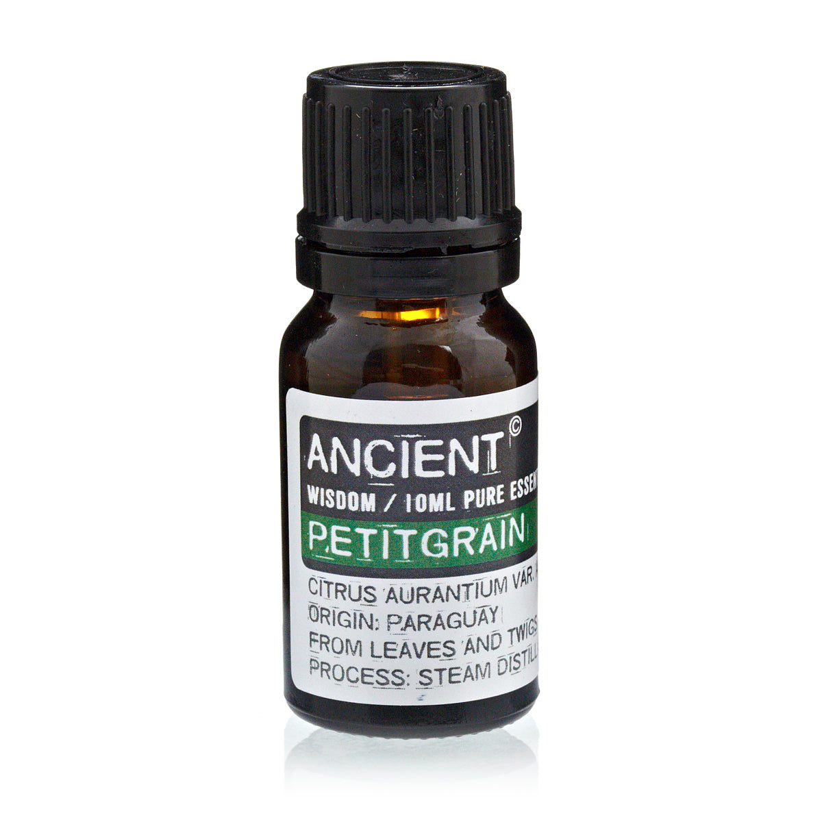 Amber glass essential oil bottle with a black ribbed cap, labeled 'Ancient Wisdom Petitgrain' (Citrus aurantium)