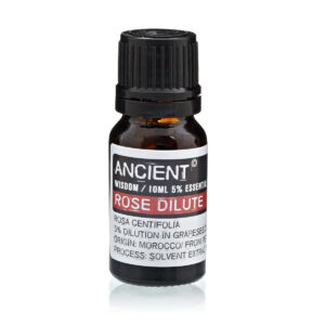Amber essential oil bottle with black ribbed cap; label reads 'ANCIENT WISDOM' and 'ROSE DILUTE' (rose essential oil).