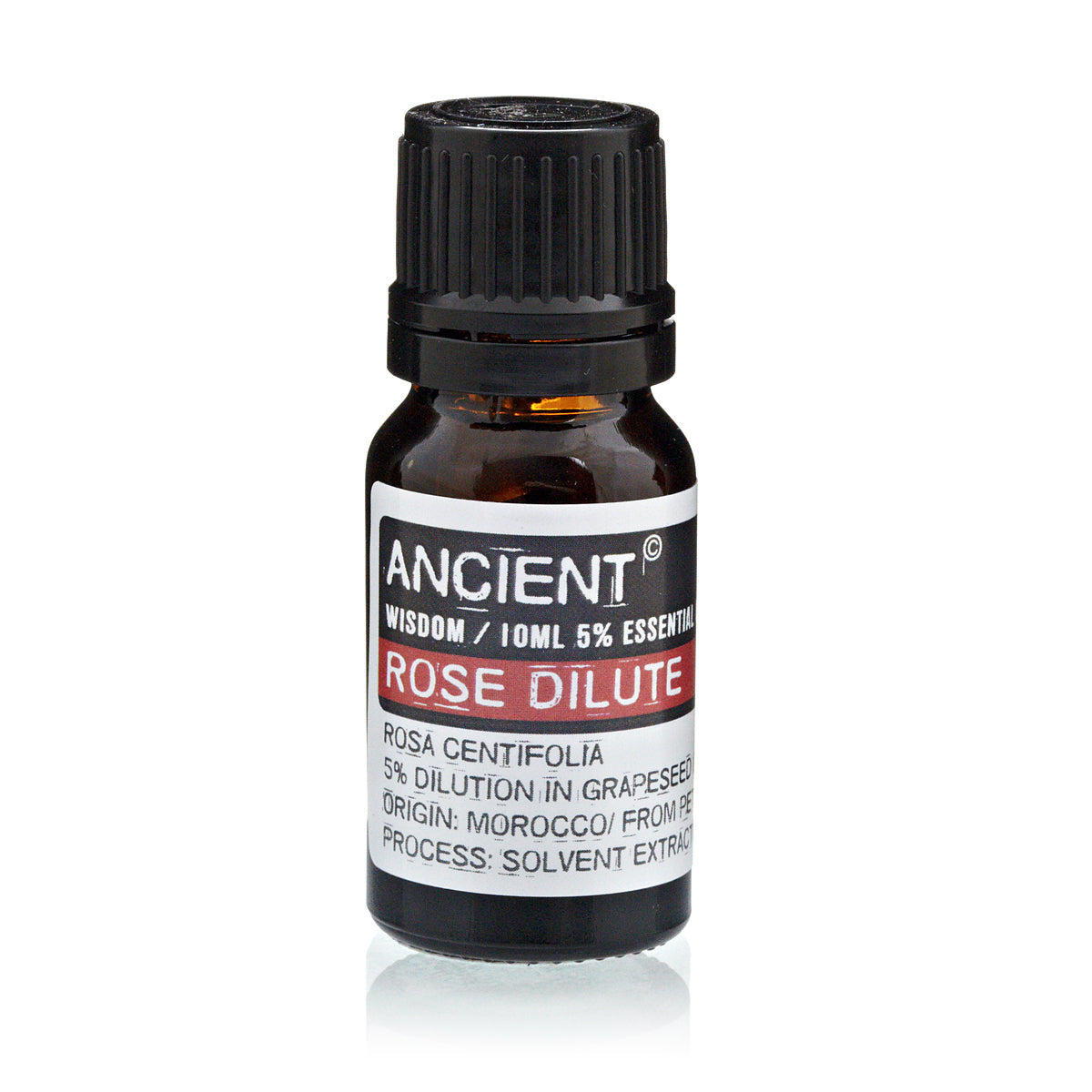 Amber essential oil bottle with black ribbed cap; label reads 'ANCIENT WISDOM' and 'ROSE DILUTE' (rose essential oil).