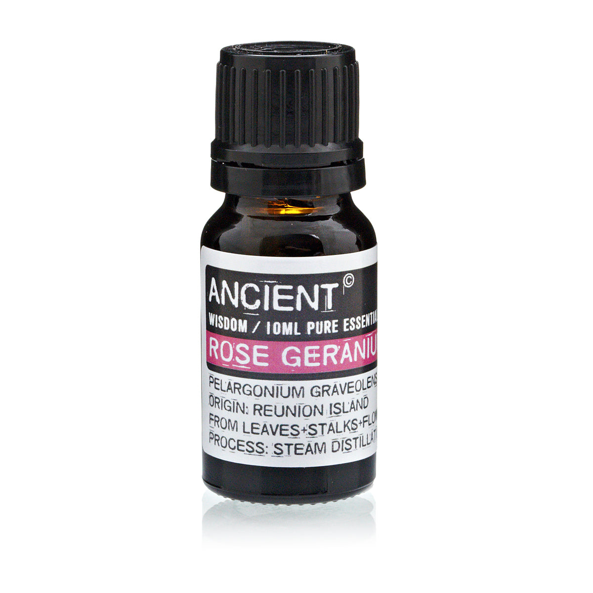 Small dark bottle of rose geranium essential oil with a black ribbed cap and white label.