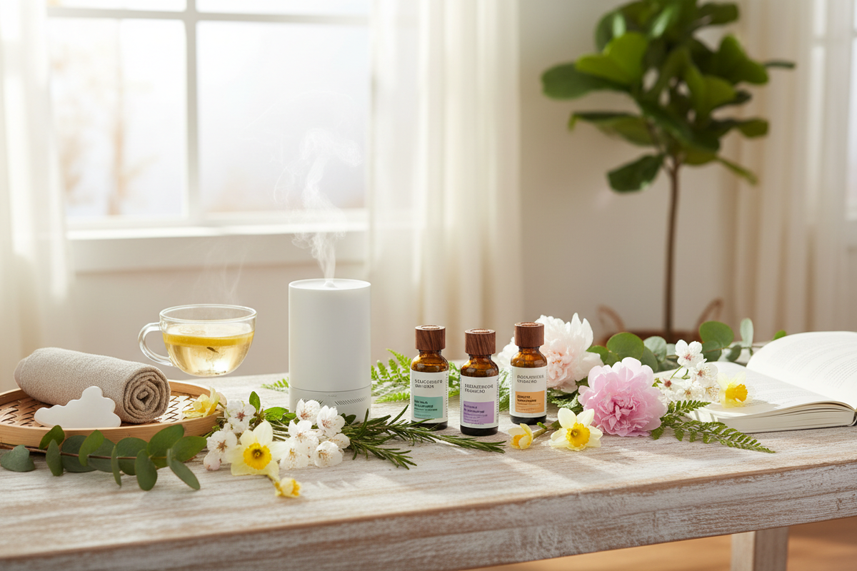 Fresh spring botanicals and essential oil bottles on a sunlit table — hero image for Spring Wellness Rituals