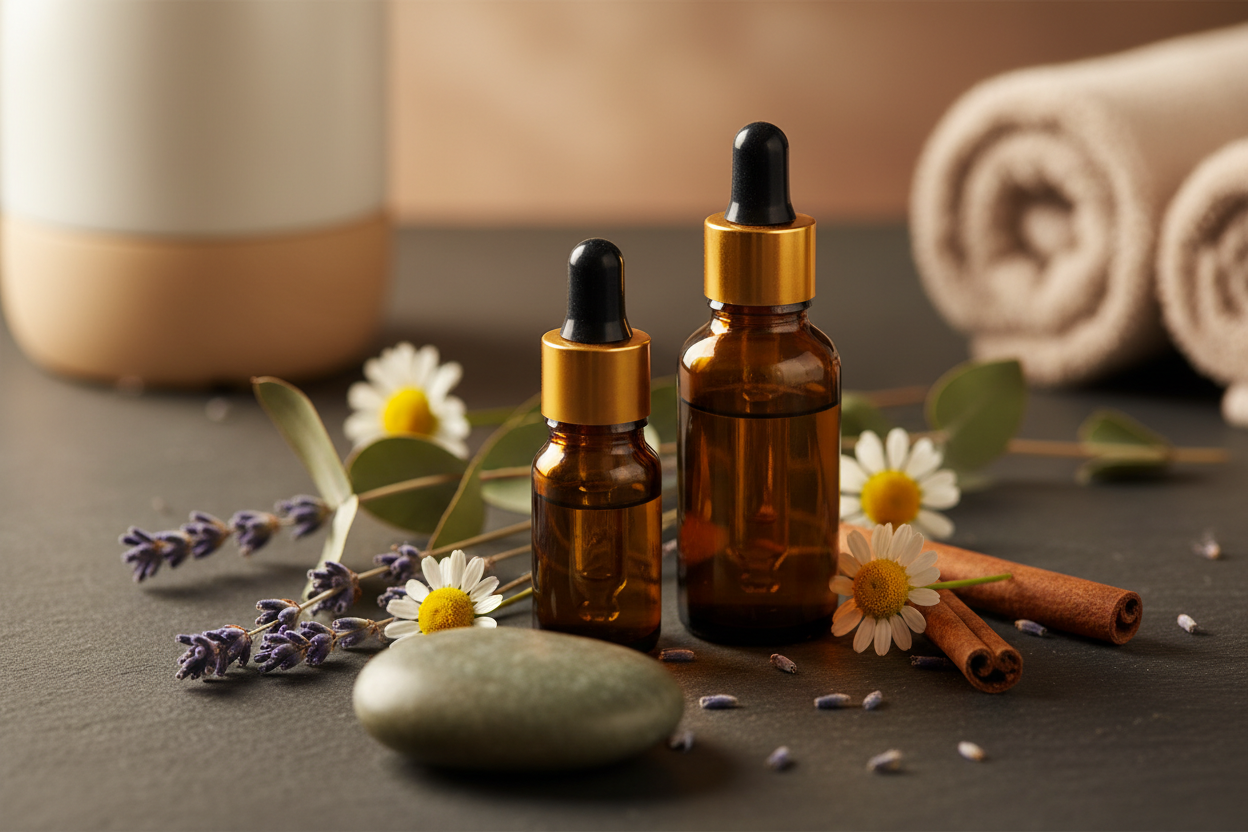 Two amber dropper bottles surrounded by lavender, chamomile flowers, and cinnamon sticks on a spa surface with a smooth stone and rolled towels in the background