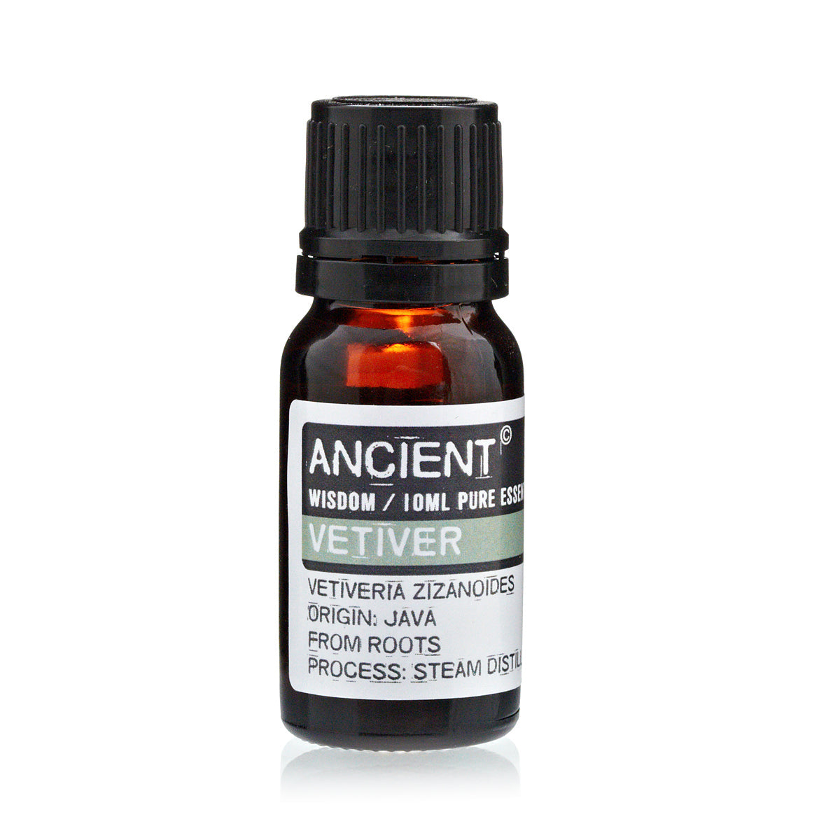 Brown glass essential oil bottle with black cap labeled "Ancient Wisdom Vetiver" (10 ml), indicating vetiver essential oil origin Java, steam-distilled from roots of the plant.