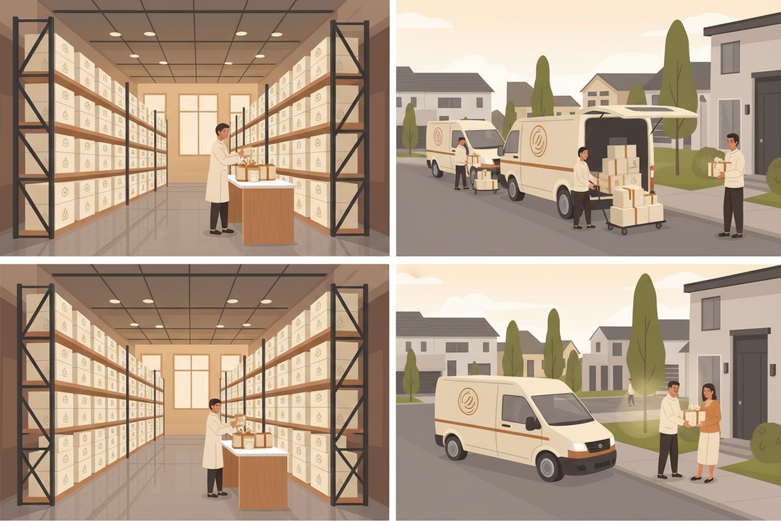Warehouse shelves and shipping workflow