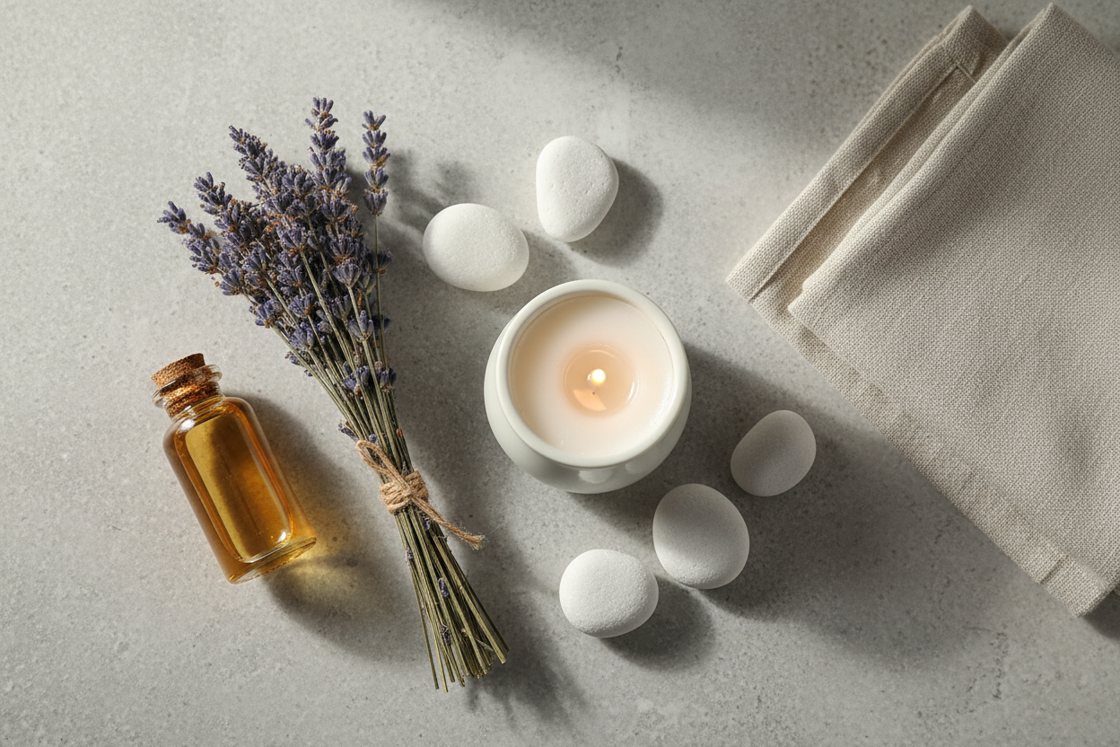 Spa setup with lavender bouquet, a lit candle, white stones, an amber essential oil bottle, and folded towels on a gray surface (relaxation scene).
